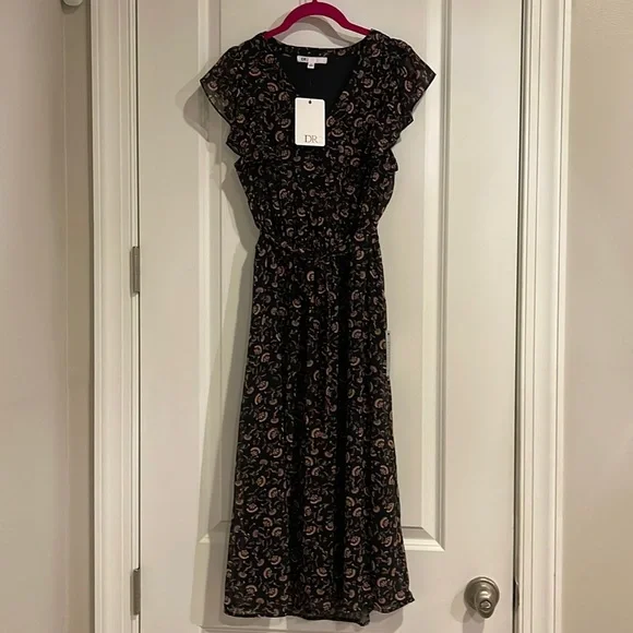 DR2 | Dresses | Nwt Dr2 By Daniel Rainn Midi Dress Cinched Waist With Tie V  Neck Capped Sleeve S | Poshmark
